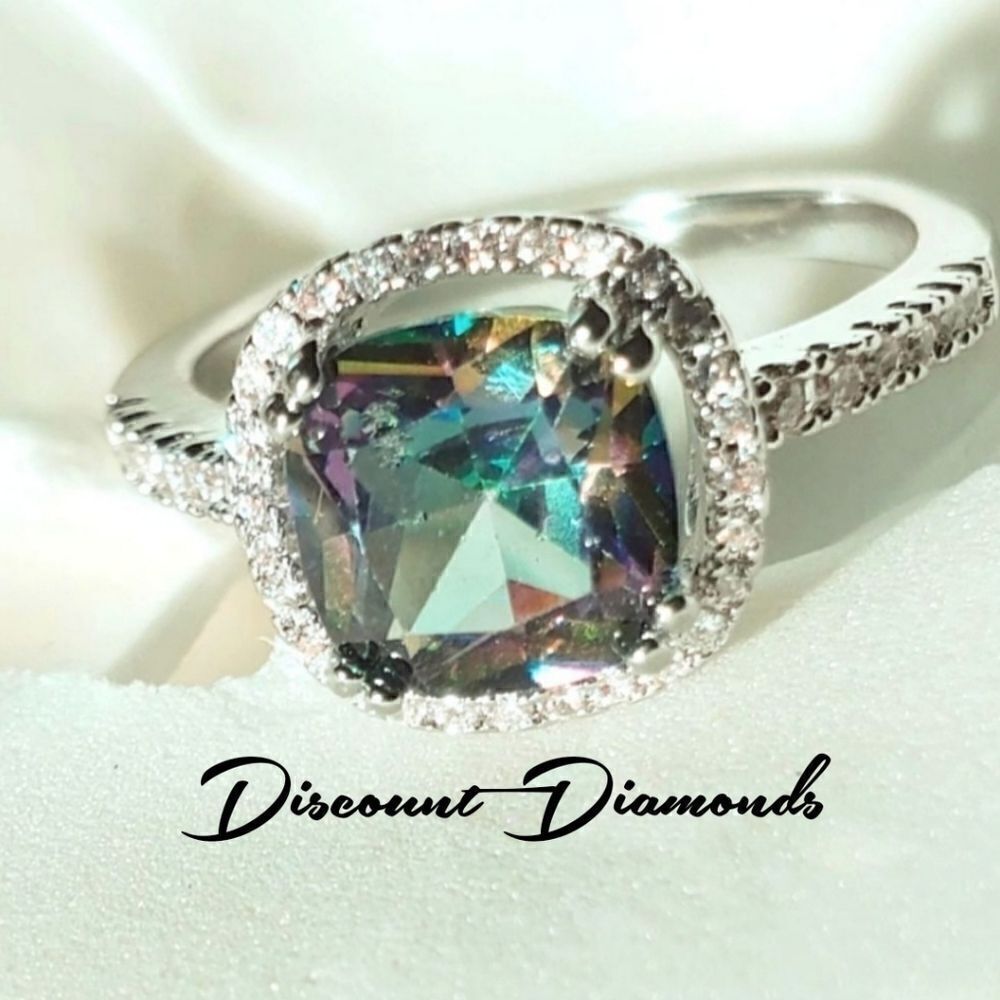 Mystic Topaz Cocktail Ring 14K White Gold surrounded by 38 Clear White Topaz